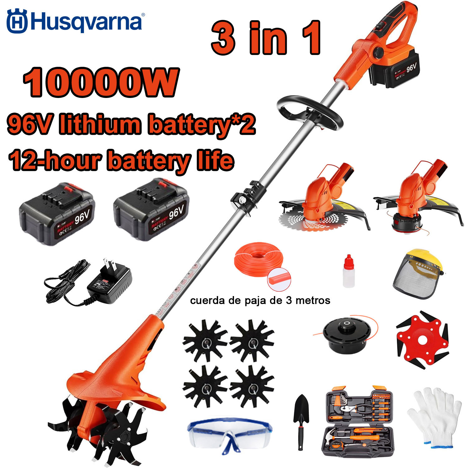 10000W vysoce výkonný kultivátor 3v1 (sekání, zpracování půdy, sekání trávy) + 96V baterie *2 + rychlonabíjení nůž kultivátoru + řezacíhlava + 3m řezné lano 3+ sekačka na trávu 6, + kompletní sada příslušenství