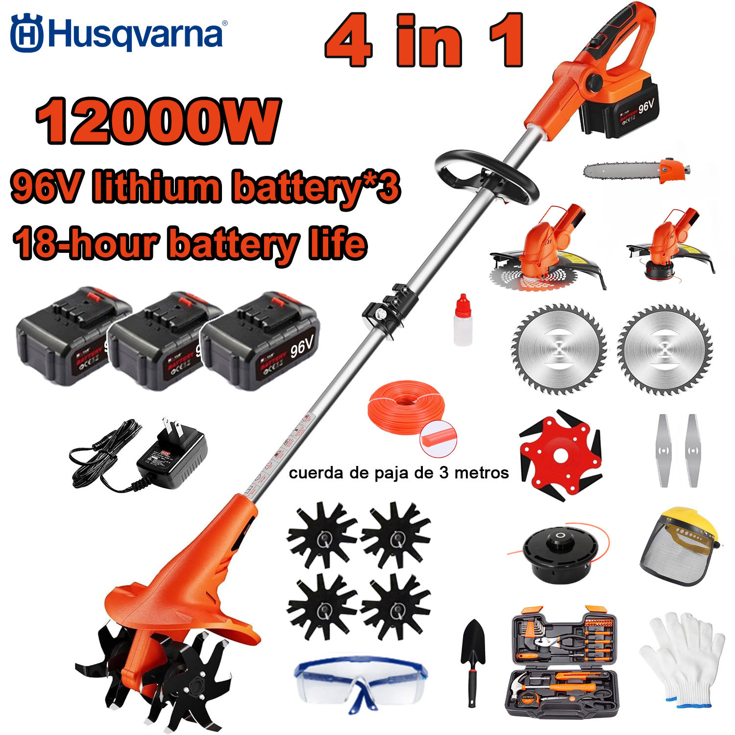 12000W elektricky kultivátor 4v1 (sekání, prořezávánístromů, zpracovánípůdy atd.) 96V baterie*3+rychlonabi ječka kultivátor+řez aci hlava+3m řezaci lano*3+pilový kotouč ze slitiny+čepel*6+rovn ý kotouč+kompletni sada příslušenstvi 