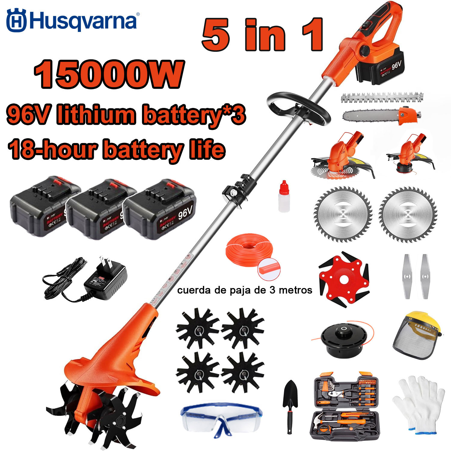 Elektrický kultivátor 15 000 W 5 v 1 (sekání, prořezávánístromů, zpracovánípůdy atd.) Baterie 96 V*3+Rychlá nabíječka + Kultivátor +Žaci hlava+3m řezací lano*3+Pilový kotouč ze slitiny+Nůž*6+Přímý kotouč+Kompletni sada příslušenstvi 